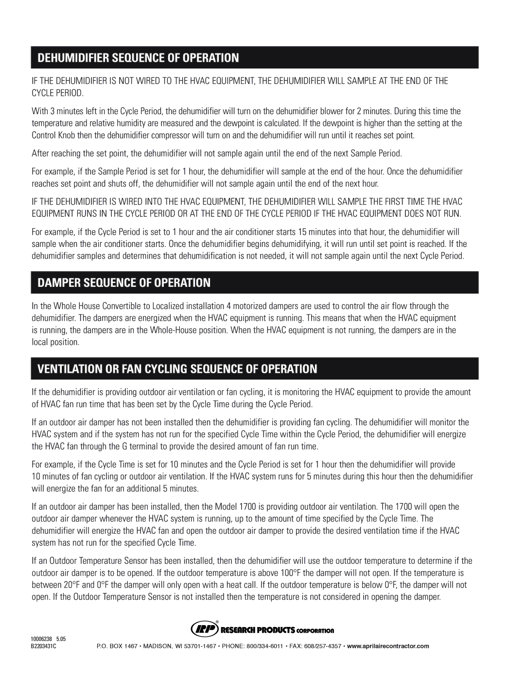 Aprilaire 1700 installation instructions Dehumidifier Sequence of Operation, Damper Sequence of Operation 