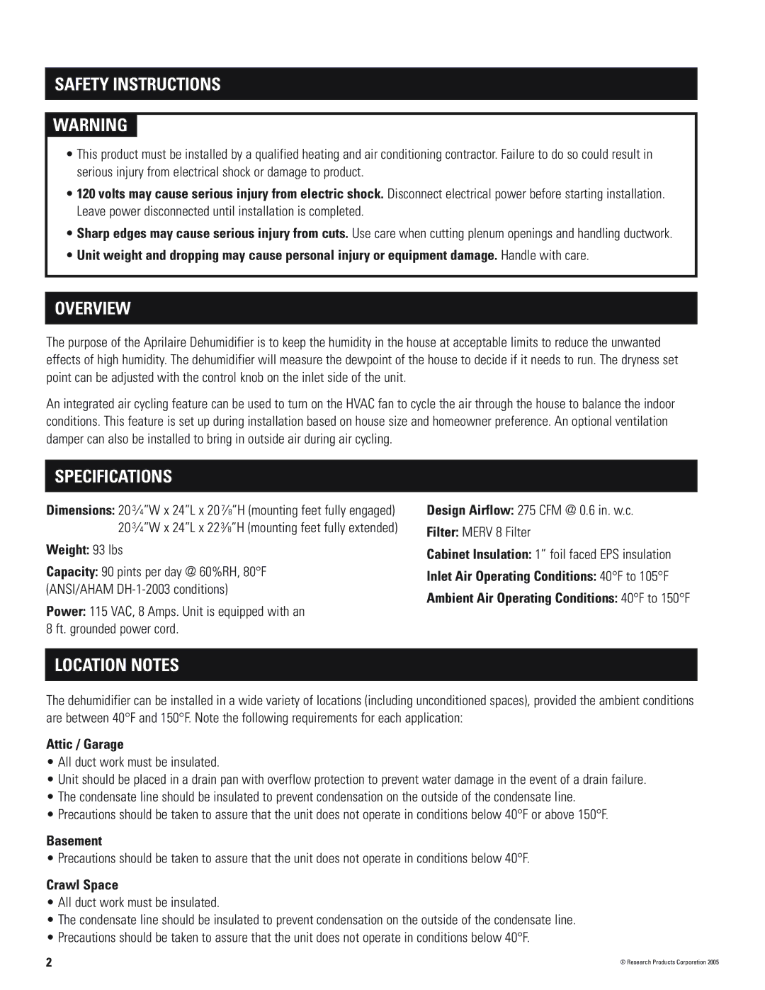 Aprilaire 1700 installation instructions Safety Instructions, Overview, Specifications, Location Notes 