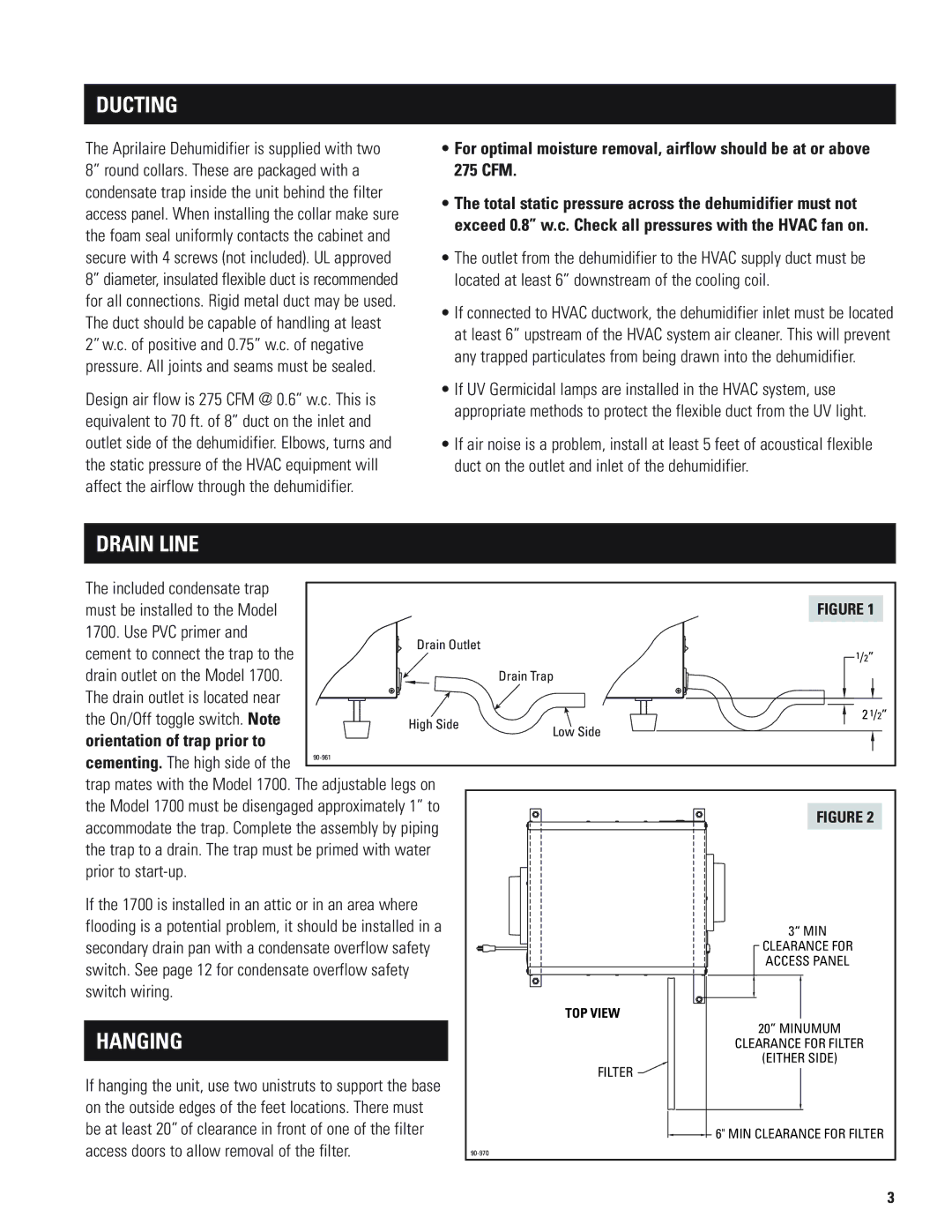 Aprilaire 1700 installation instructions Ducting, Drain Line, Hanging, Orientation of trap prior to 