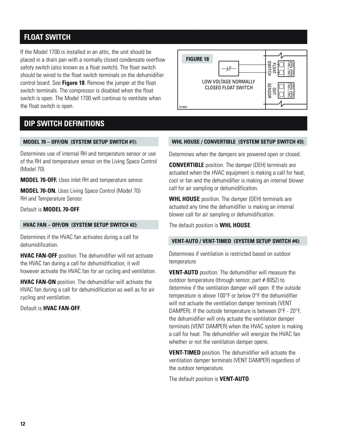 Aprilaire 1700 installation instructions Float Switch, Dip Switch Definitions 
