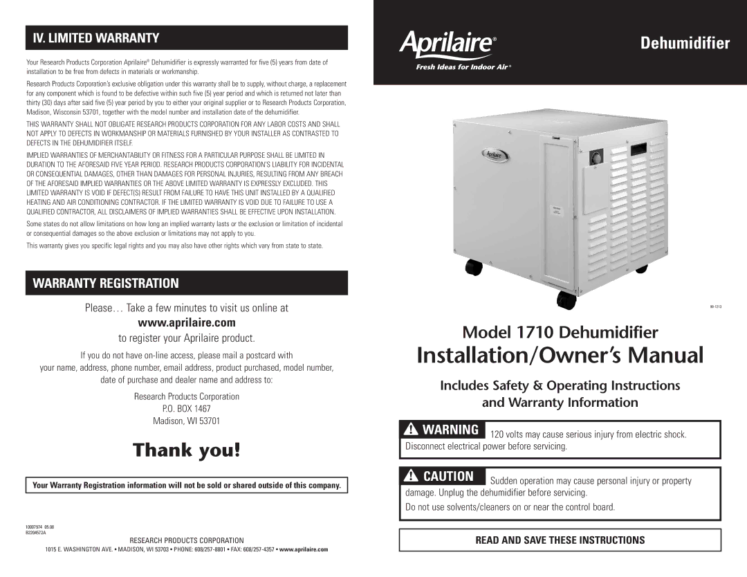 Aprilaire 1710 warranty IV. Limited Warranty, Warranty Registration 