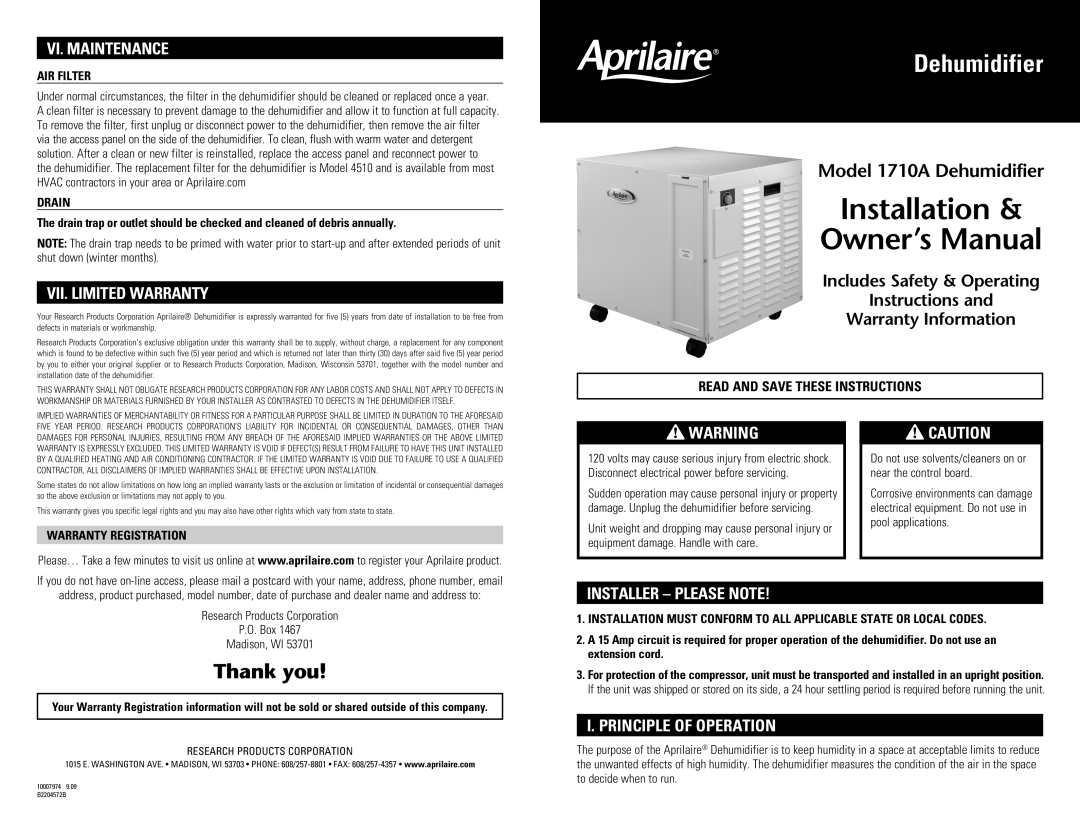 Aprilaire 1710A warranty VI. maintenance, VII. limited warranty, Principle of Operation, Air Filter 