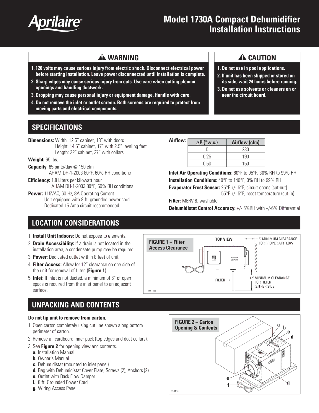 Aprilaire 1730A specifications Specifications, Location Considerations, Unpacking and Contents 