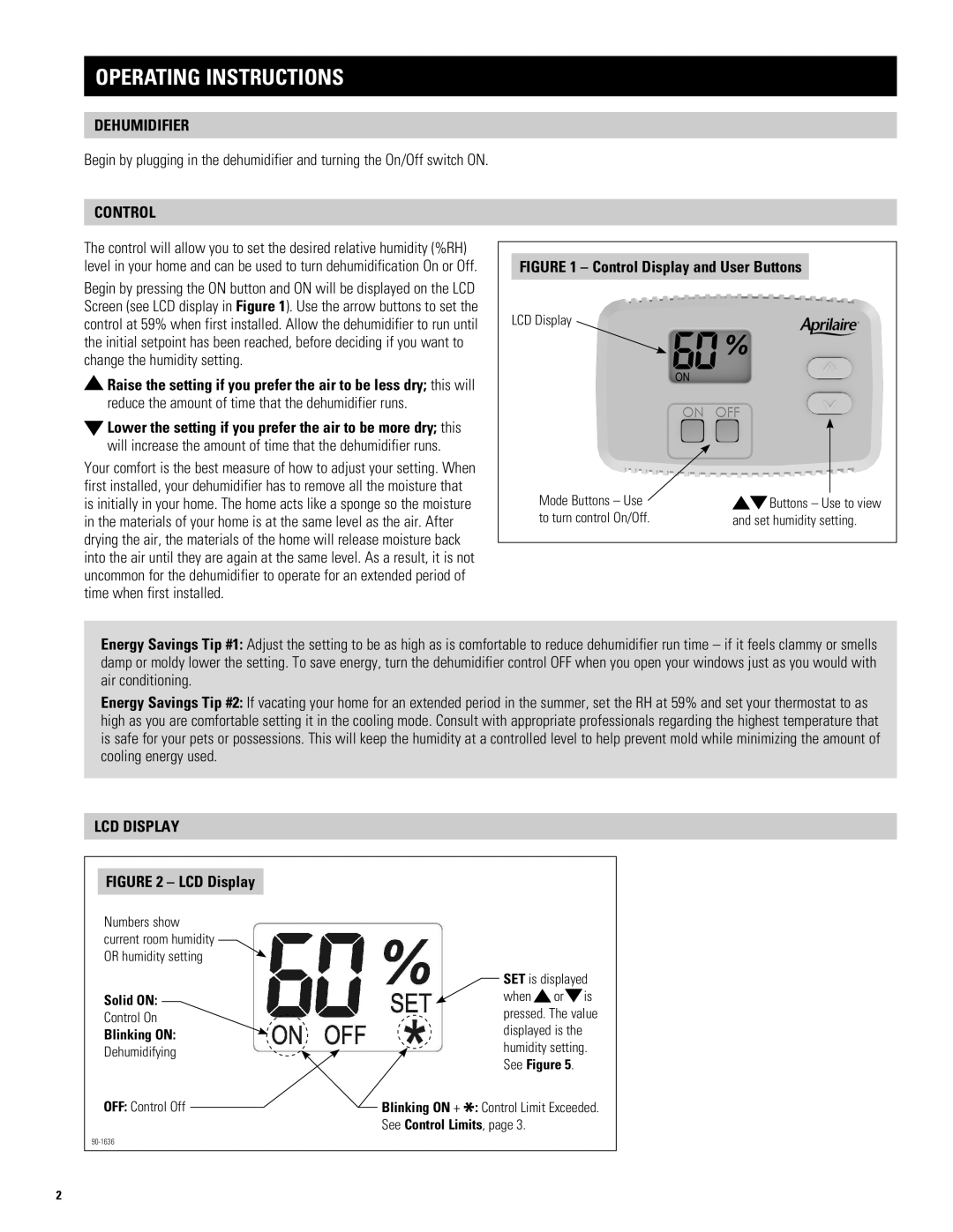 Aprilaire 1730A owner manual Operating Instructions, Dehumidifier, Control, LCD Display 