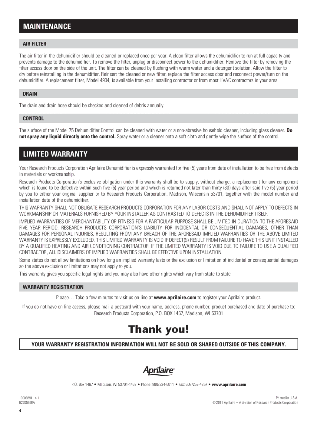 Aprilaire 1730A owner manual Maintenance, Air Filter, Drain, Warranty Registration 