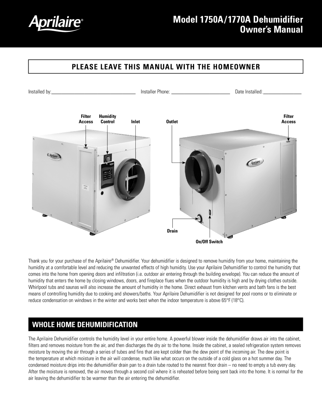 Aprilaire 1750A-1770A owner manual Model 1750A/1770A Dehumidifier, Whole Home Dehumidification 