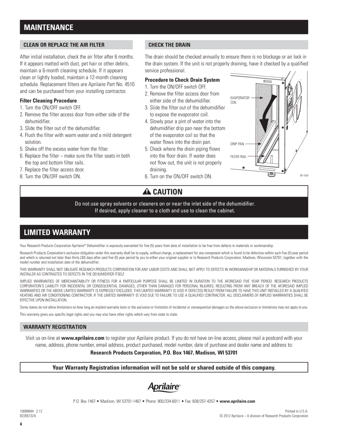 Aprilaire 1750A-1770A owner manual Maintenance, Limited Warranty 