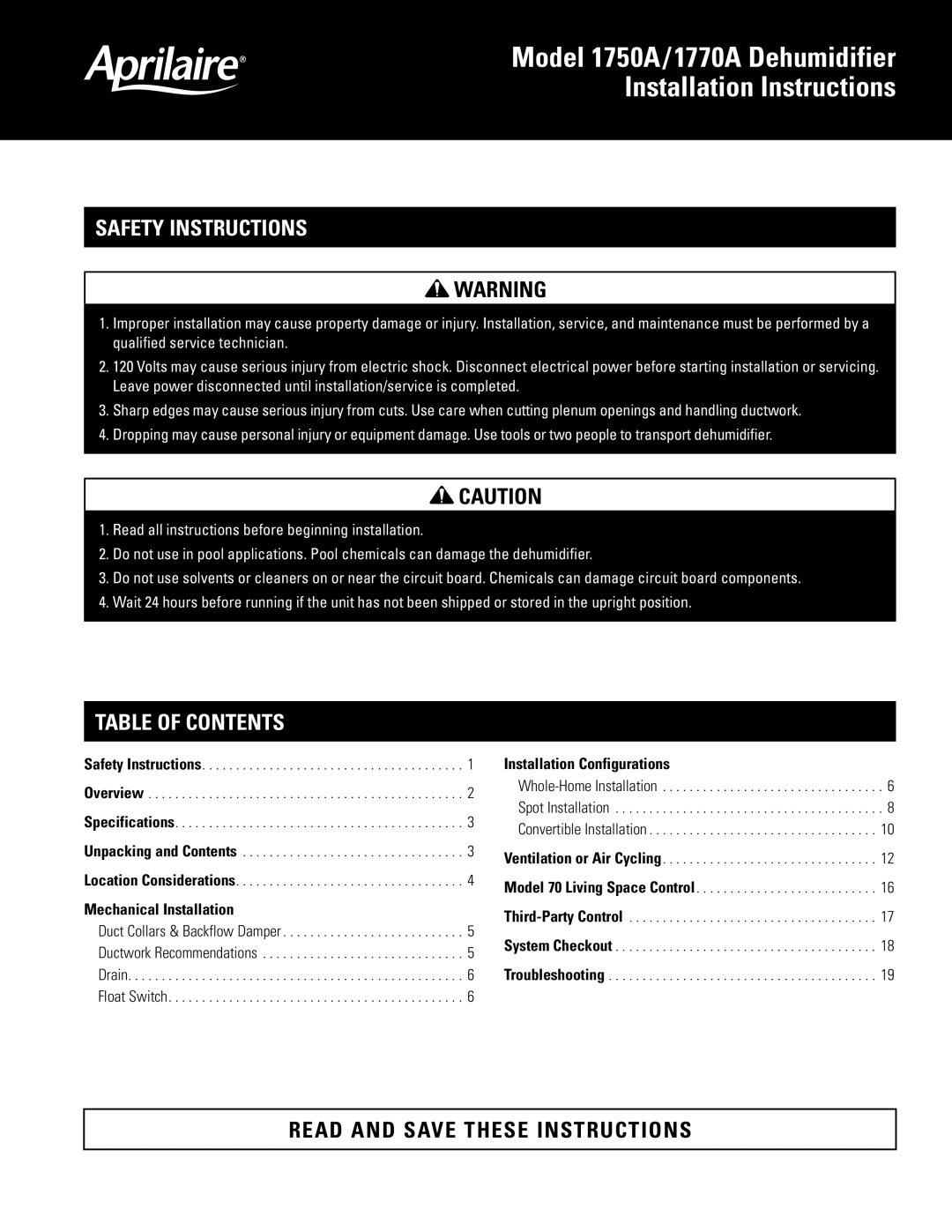 Aprilaire 1750A, 1770A installation instructions Safety Instructions, Table of Contents 