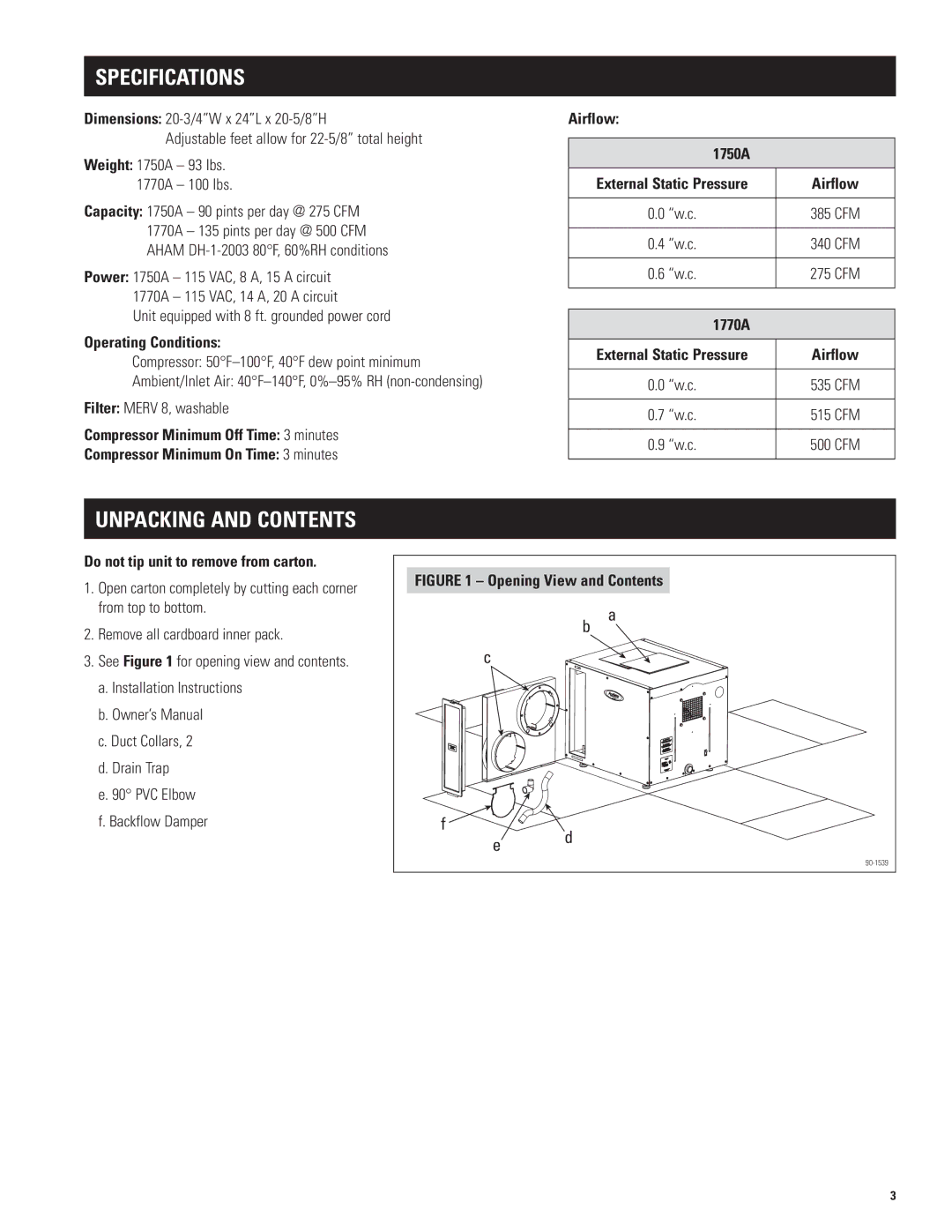 Aprilaire 1750A, 1770A installation instructions Specifications, Unpacking and Contents 