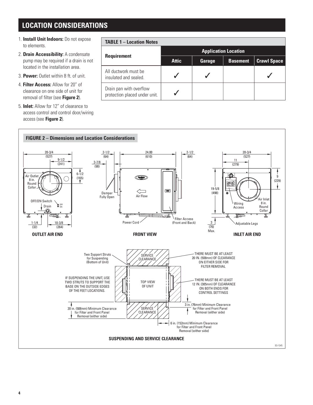 Aprilaire 1770A, 1750A Location Considerations, Install Unit Indoors Do not expose to elements, Location Notes 