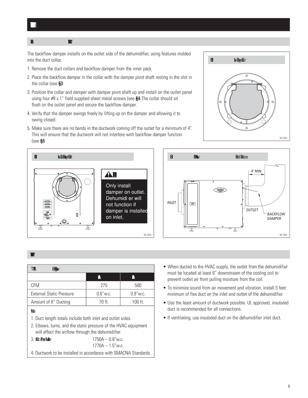 Aprilaire 1750A, 1770A Mechanical Installation, Duct Collars & Backflow Damper, Ductwork Recommendations, Design Airflows 