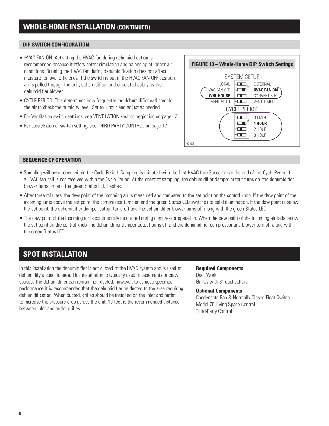 Aprilaire 1770A Spot installation, DIP Switch Configuration, Sequence of Operation, Duct Work Grilles with 8 duct collars 