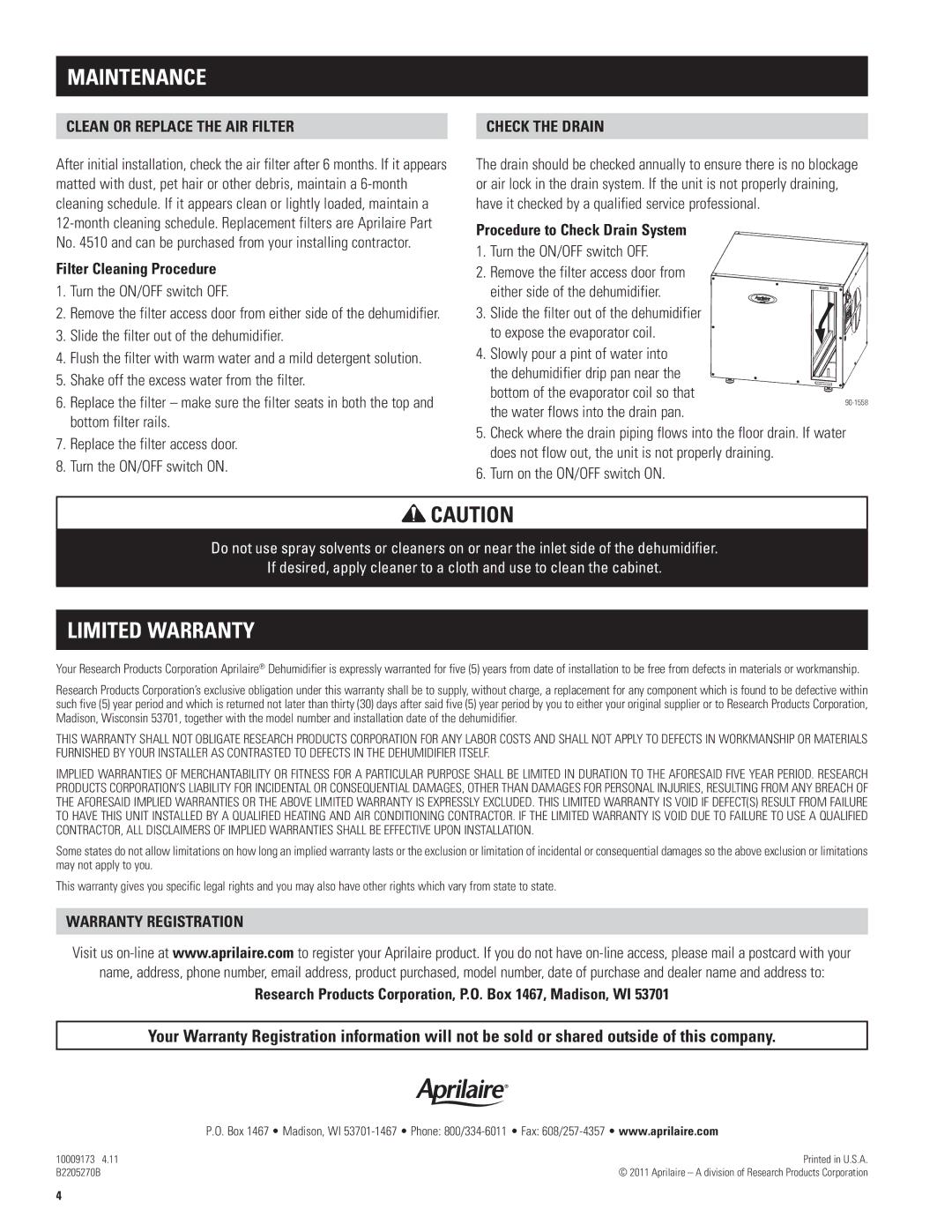 Aprilaire 1770A, 1750A owner manual Maintenance, Limited Warranty 