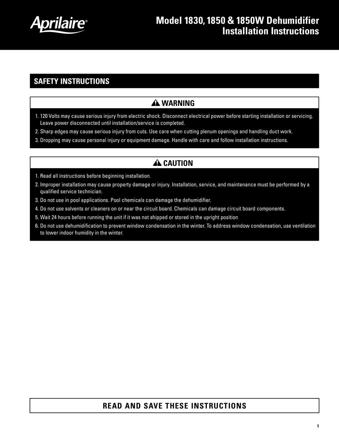 Aprilaire 1850w, 1830 installation instructions Installation Instructions, Safety Instructions 