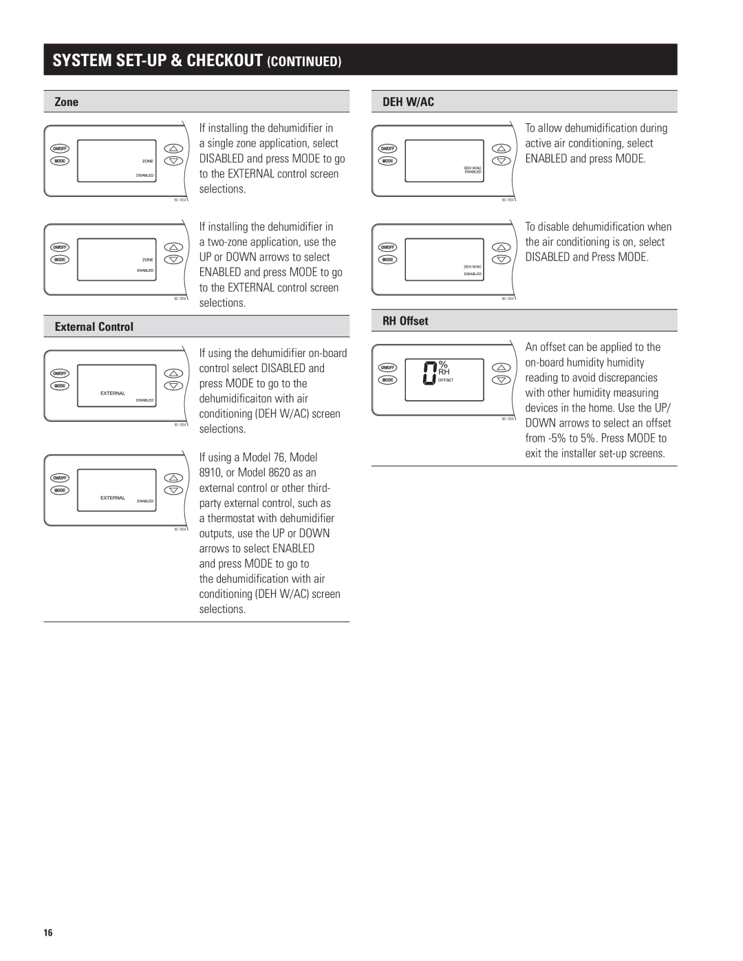 Aprilaire 1850w, 1830 installation instructions Zone, 90-1854selections, External Control, Deh W/Ac, RH Offset 