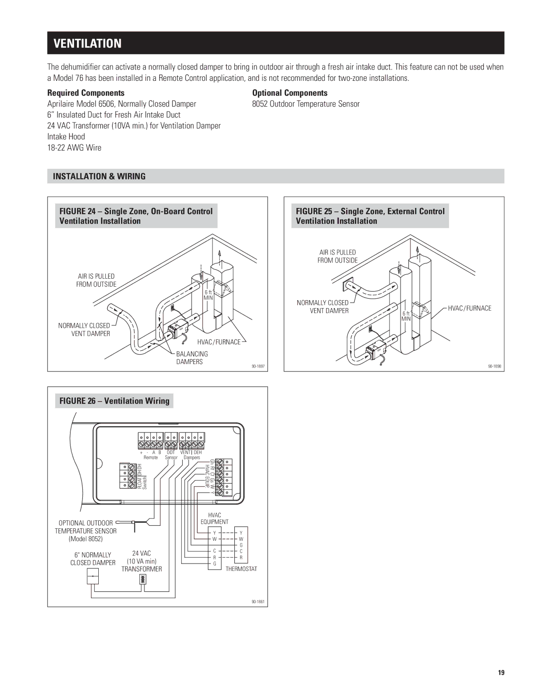 Aprilaire 1850w, 1830 Ventilation, Required Components Optional Components, Intake Hood AWG Wire, Installation & Wiring 