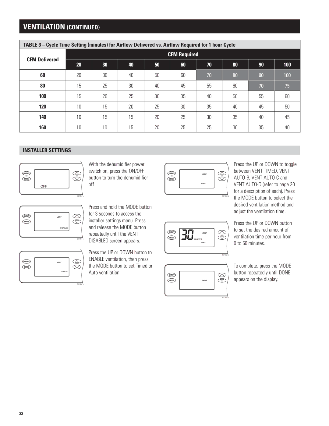 Aprilaire 1850w, 1830 installation instructions Repeatedly until the Vent, For 3 seconds to access, Disabled screen appears 