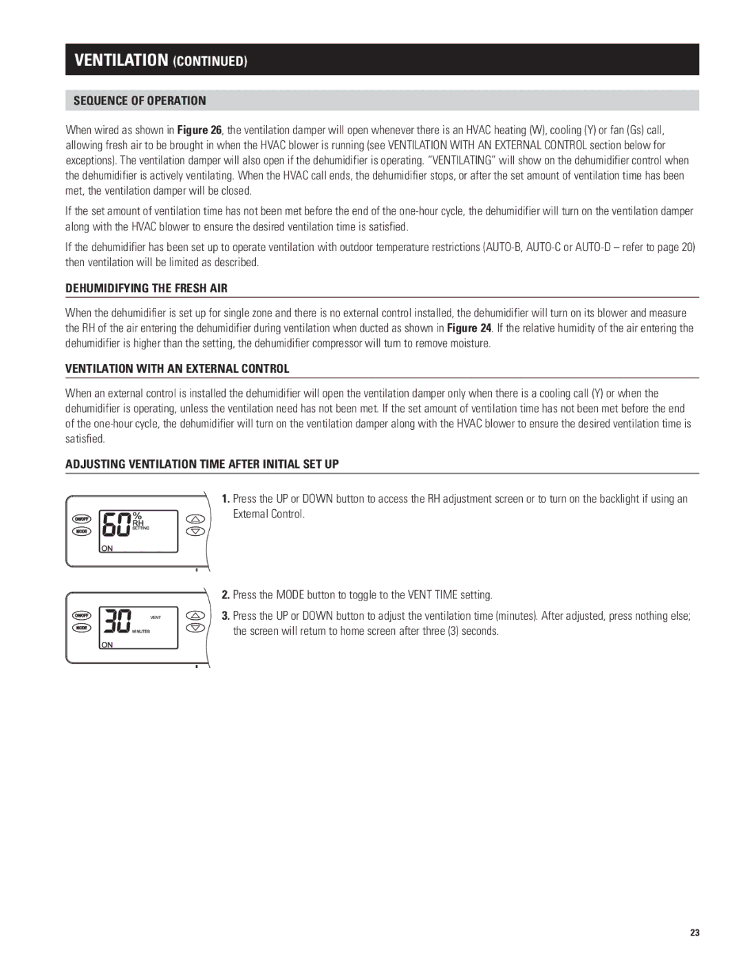 Aprilaire 1830, 1850w Sequence of Operation, Dehumidifying the Fresh AIR, Ventilation with AN External Control 