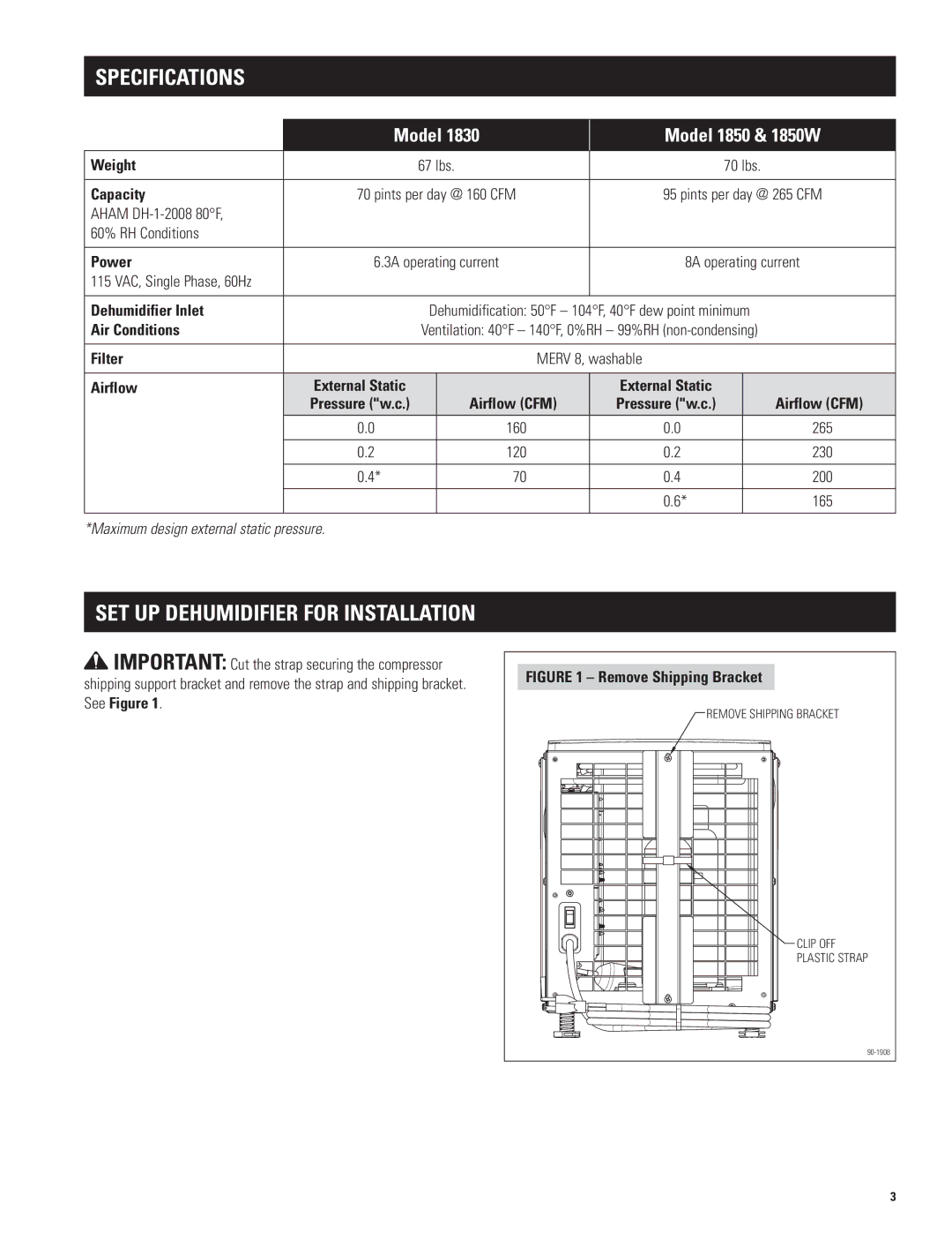 Aprilaire 1850w, 1830 installation instructions Specifications 