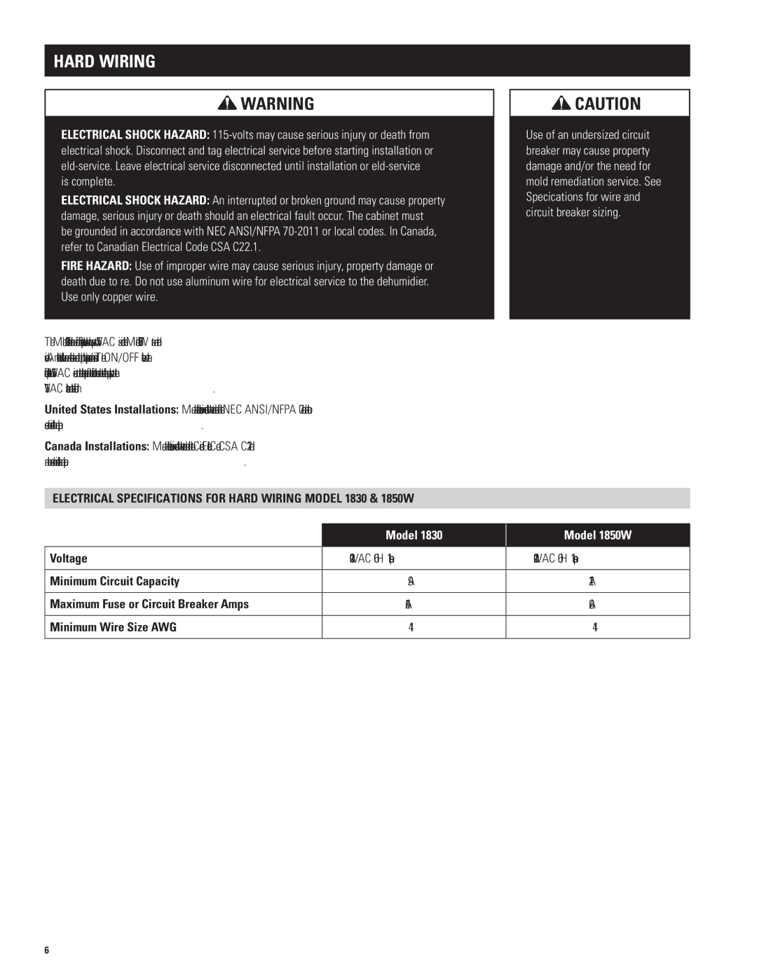 Aprilaire 1850 Hard Wiring, Voltage, Minimum Circuit Capacity, Maximum Fuse or Circuit Breaker Amps, Minimum Wire Size AWG 