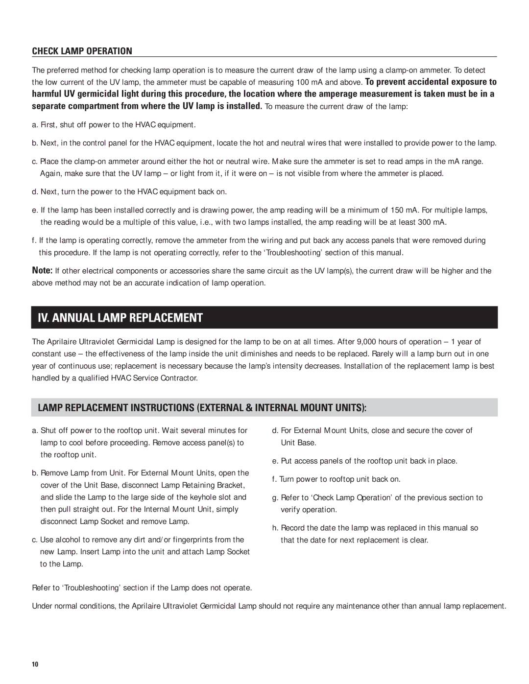 Aprilaire 1953 & 1972, 1952 service manual IV. Annual Lamp Replacement, Check Lamp Operation 