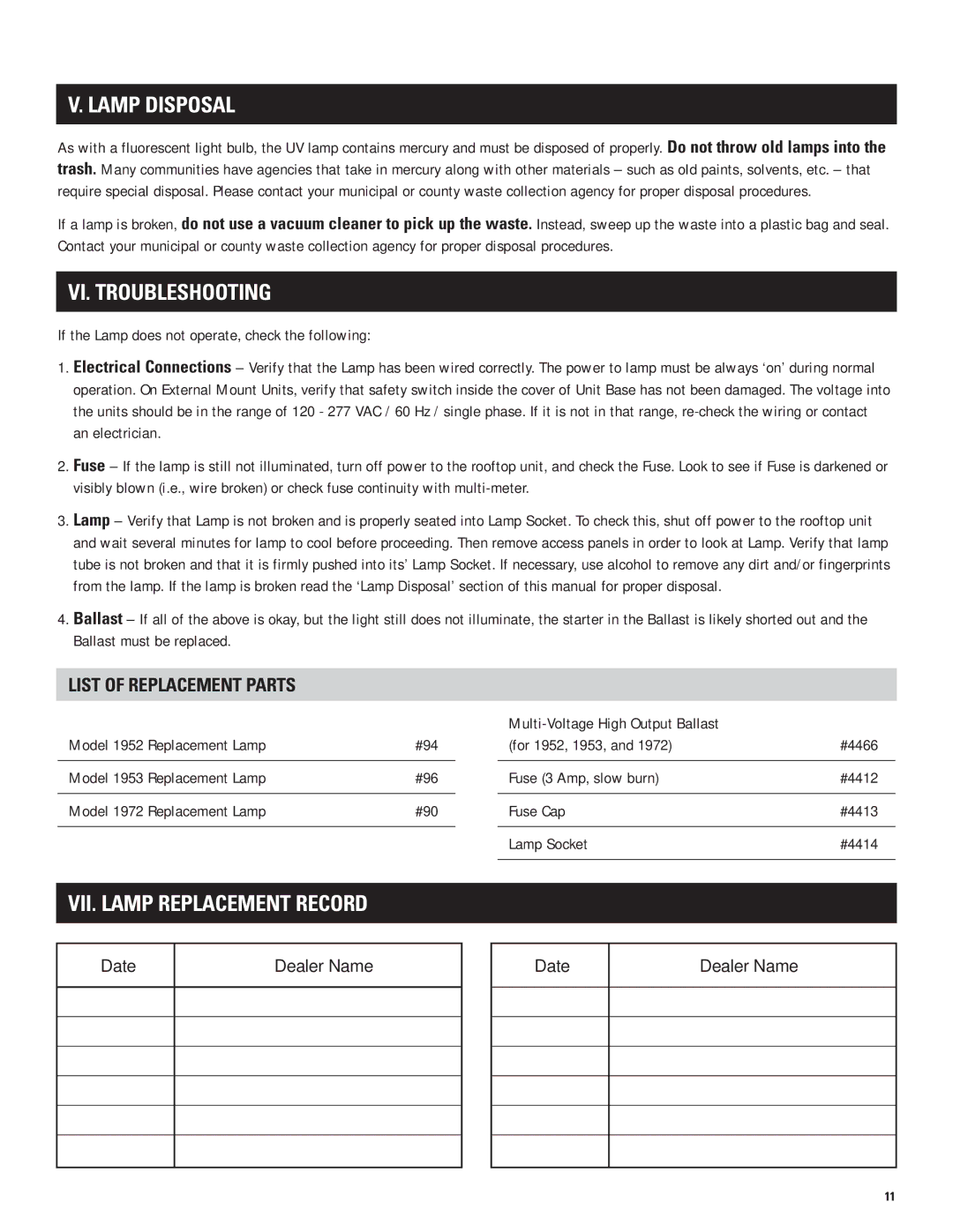 Aprilaire 1952, 1953 & 1972 Lamp Disposal, VI. Troubleshooting, VII. Lamp Replacement Record, List of Replacement Parts 