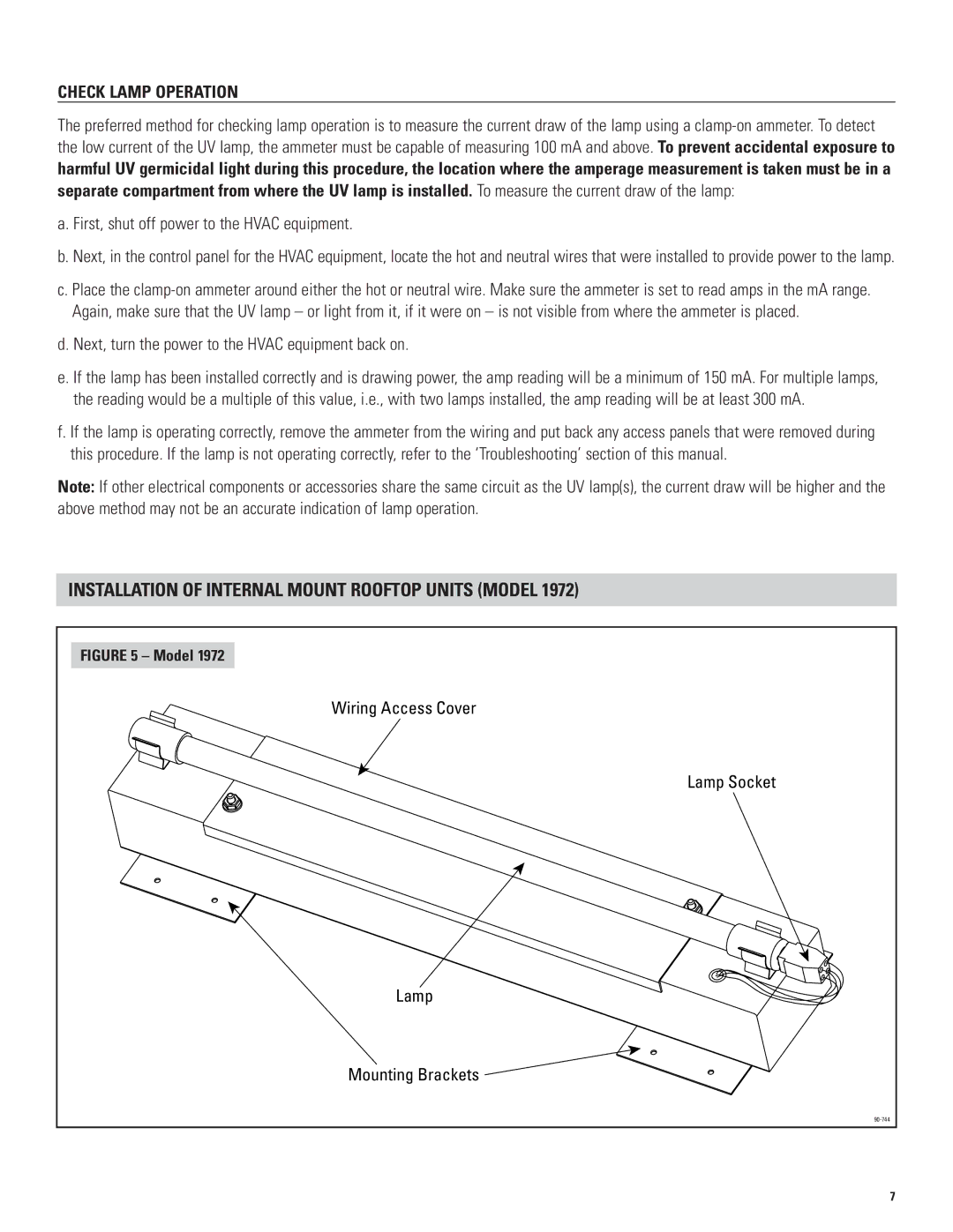 Aprilaire 1952, 1953 & 1972 service manual Installation of Internal Mount Rooftop Units Model, Check Lamp Operation 