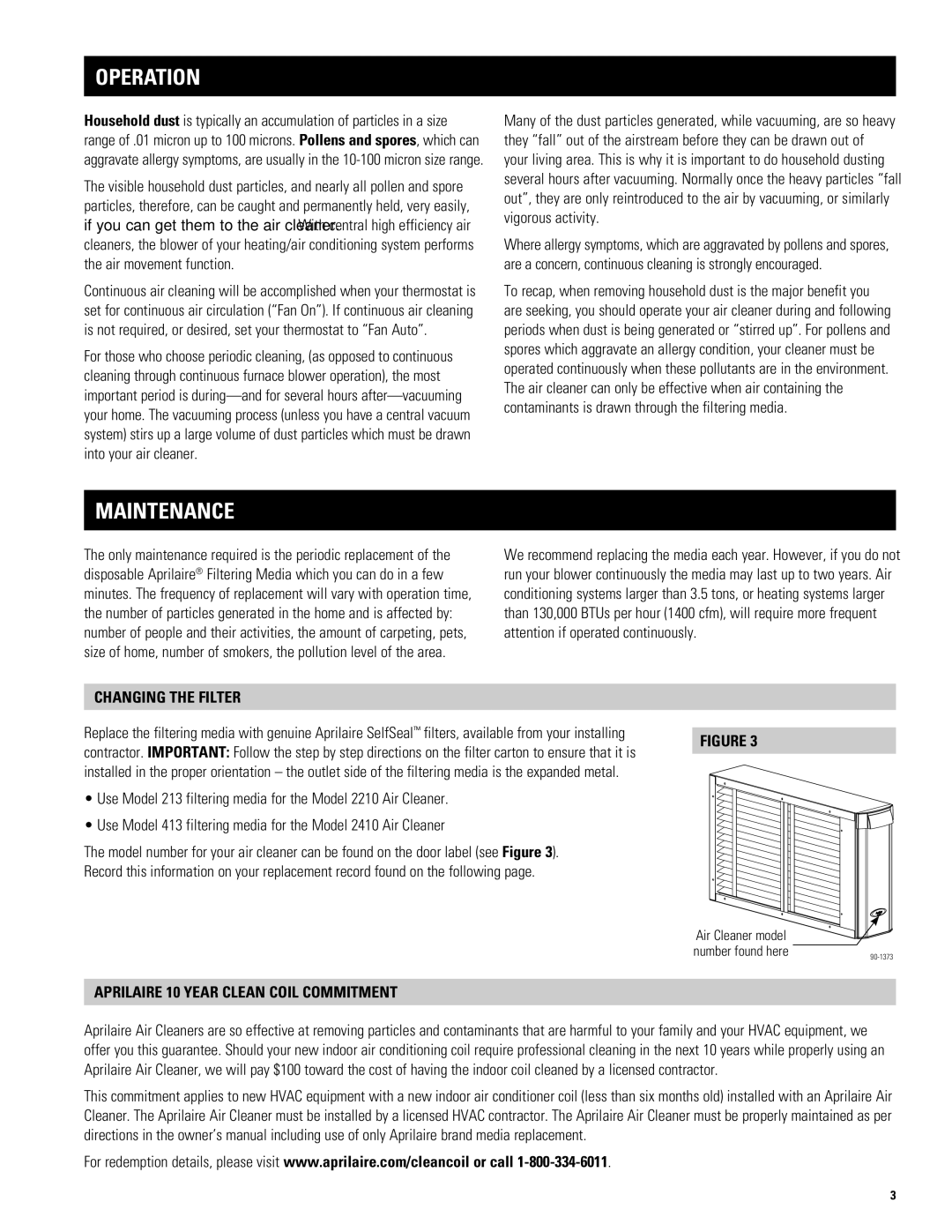 Aprilaire 2410, 2210 owner manual Operation, Maintenance, Changing the Filter, Aprilaire 10 Year Clean Coil Commitment 