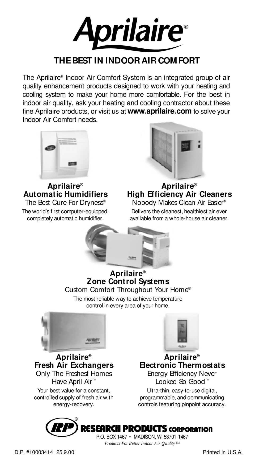 Aprilaire 2250 & 2400 owner manual Best in Indoor AIR Comfort 