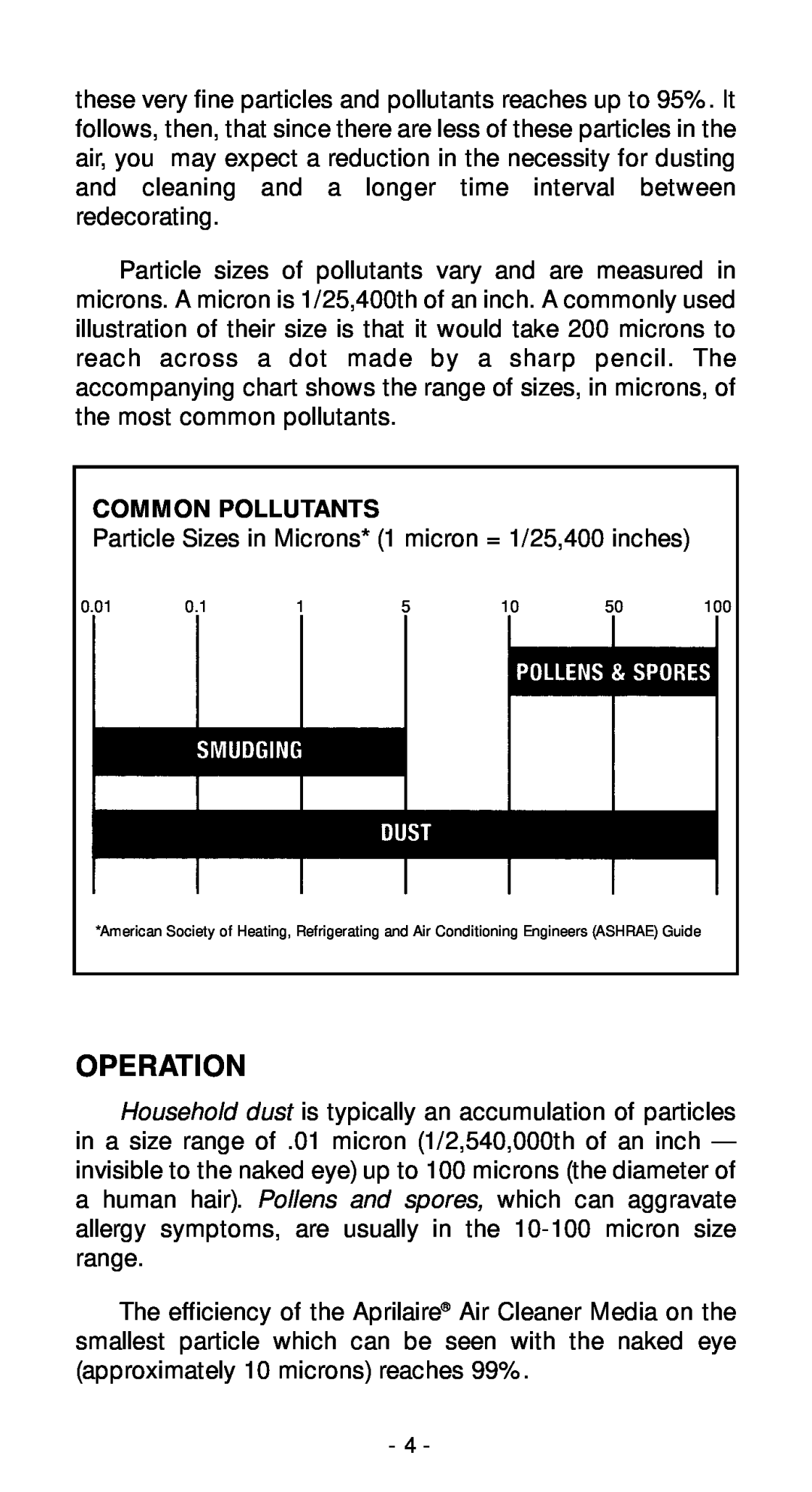 Aprilaire 2250 & 2400 owner manual Operation, Common Pollutants 