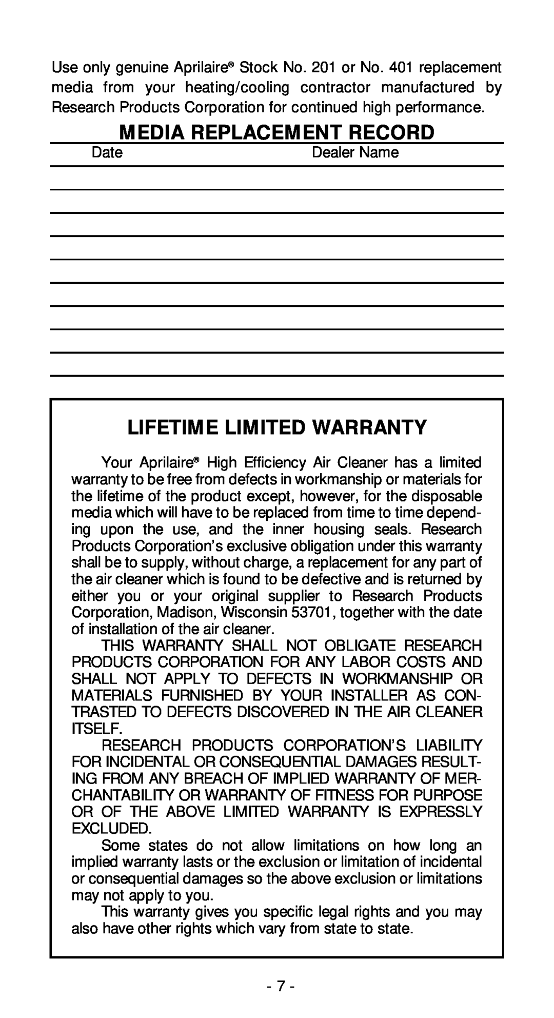 Aprilaire 2250 & 2400 owner manual Media Replacement Record, Lifetime Limited Warranty 