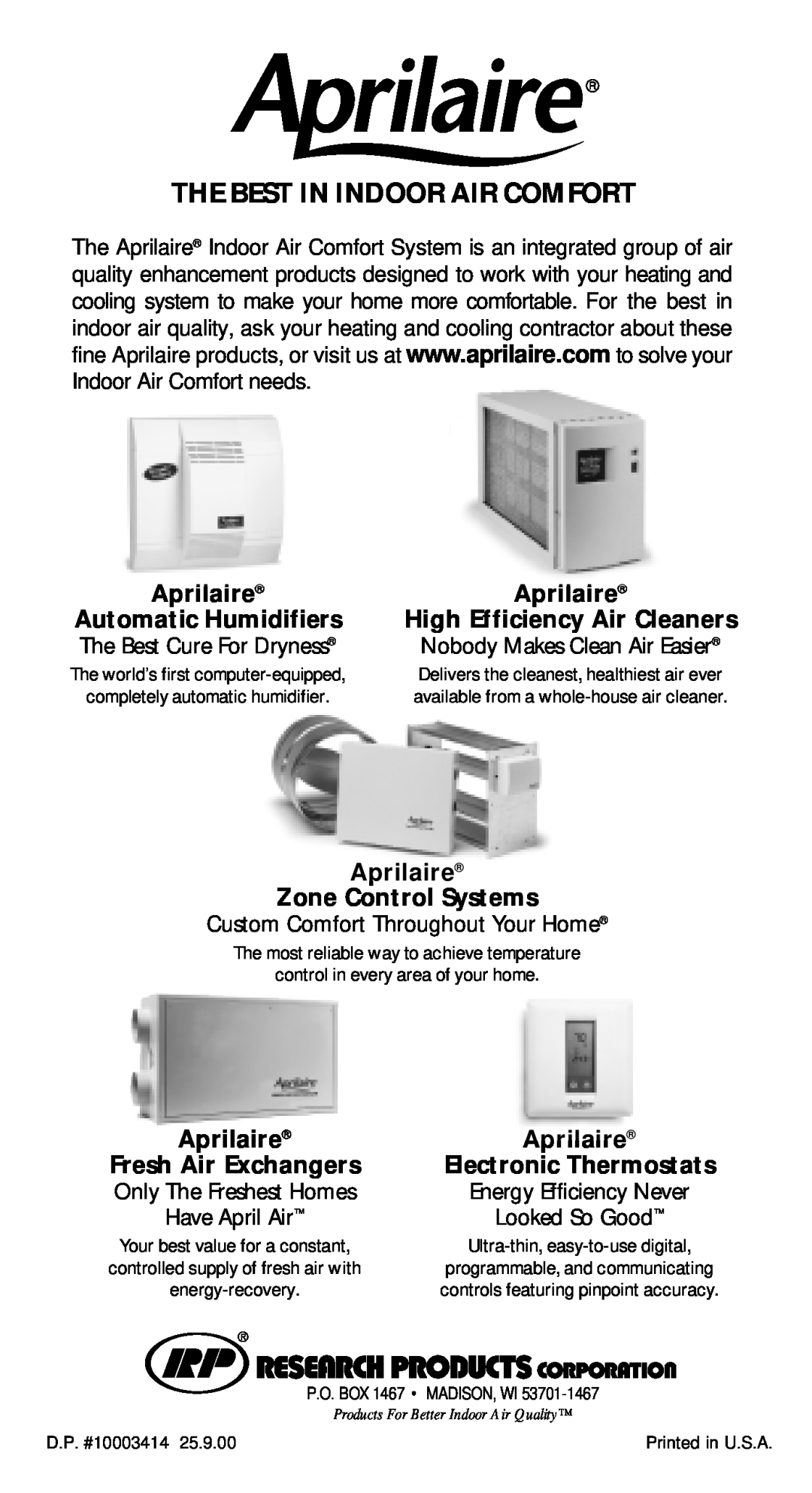 Aprilaire 2250 & 2400 The Best In Indoor Air Comfort, Aprilaire, Automatic Humidifiers, High Efficiency Air Cleaners 