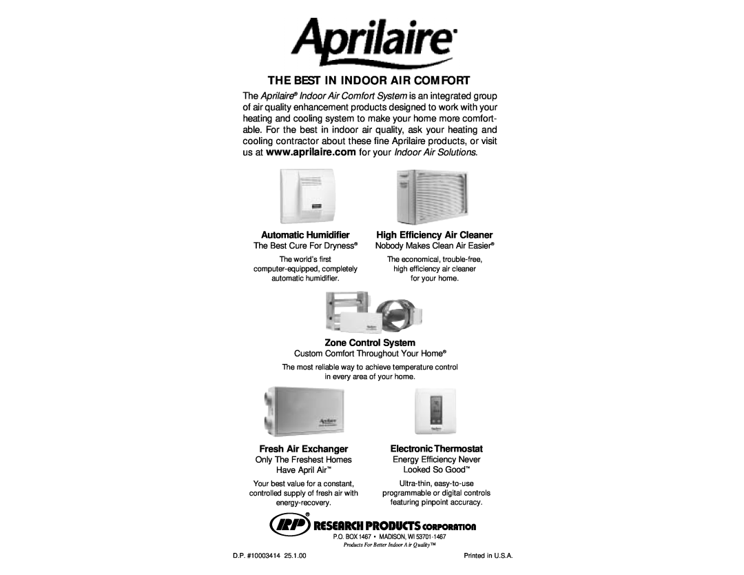 Aprilaire 2200, 2400, 2250 owner manual The Best In Indoor Air Comfort, Zone Control System 
