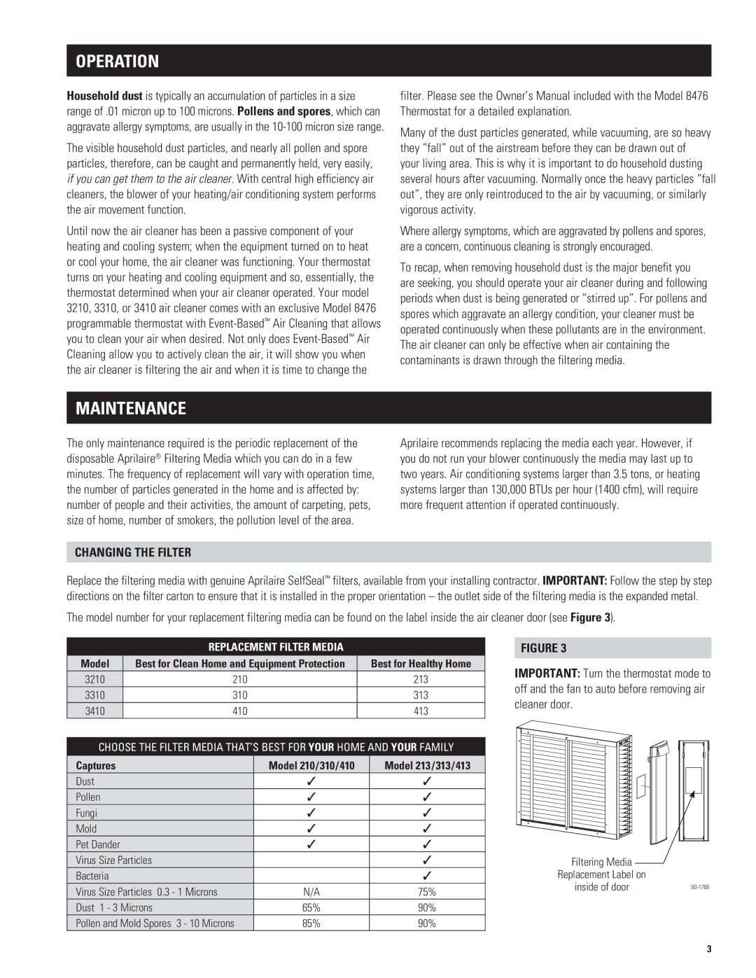 Aprilaire 3410, 3310, 3210 Operation, Maintenance, Changing the Filter, Captures Model 210/310/410 Model 213/313/413 