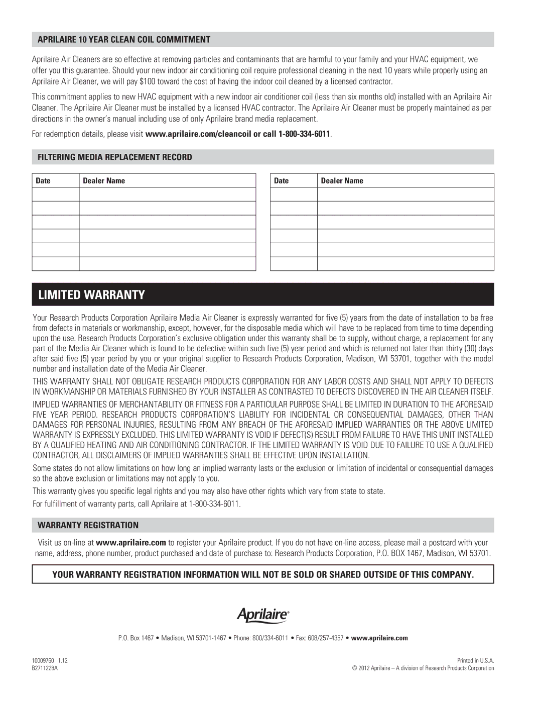 Aprilaire 3310, 3410, 3210 Limited Warranty, Aprilaire 10 year clean coil commitment, Filtering Media Replacement Record 