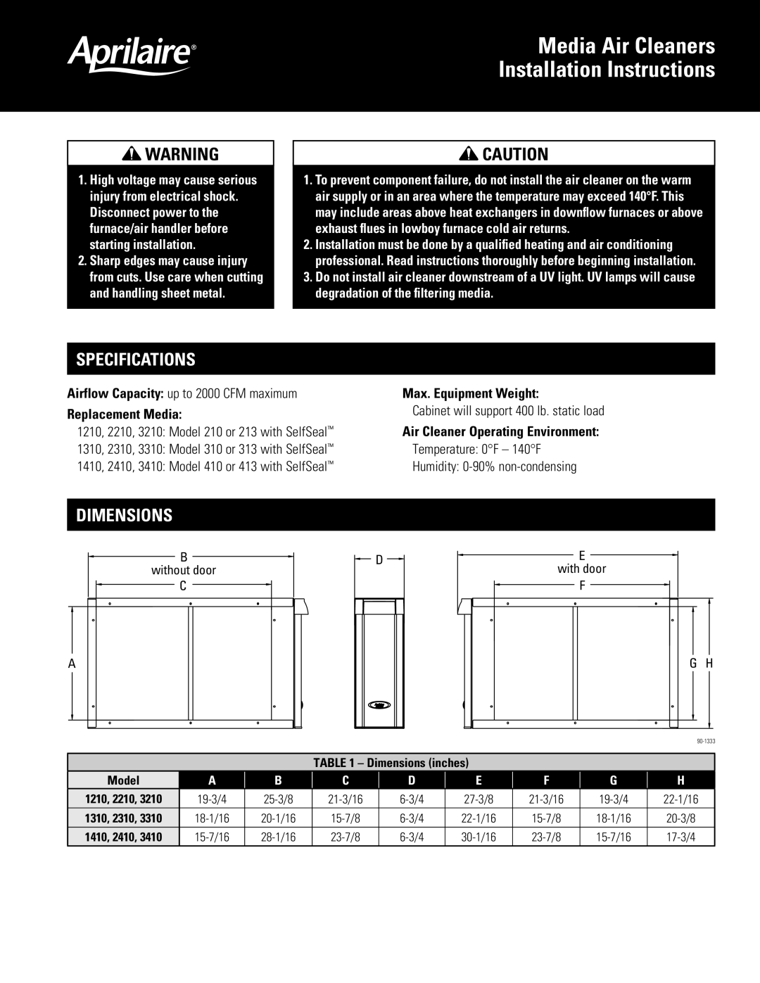 Aprilaire 3310, 3410, 3210 specifications Specifications, Dimensions, Replacement Media, Max. Equipment Weight 