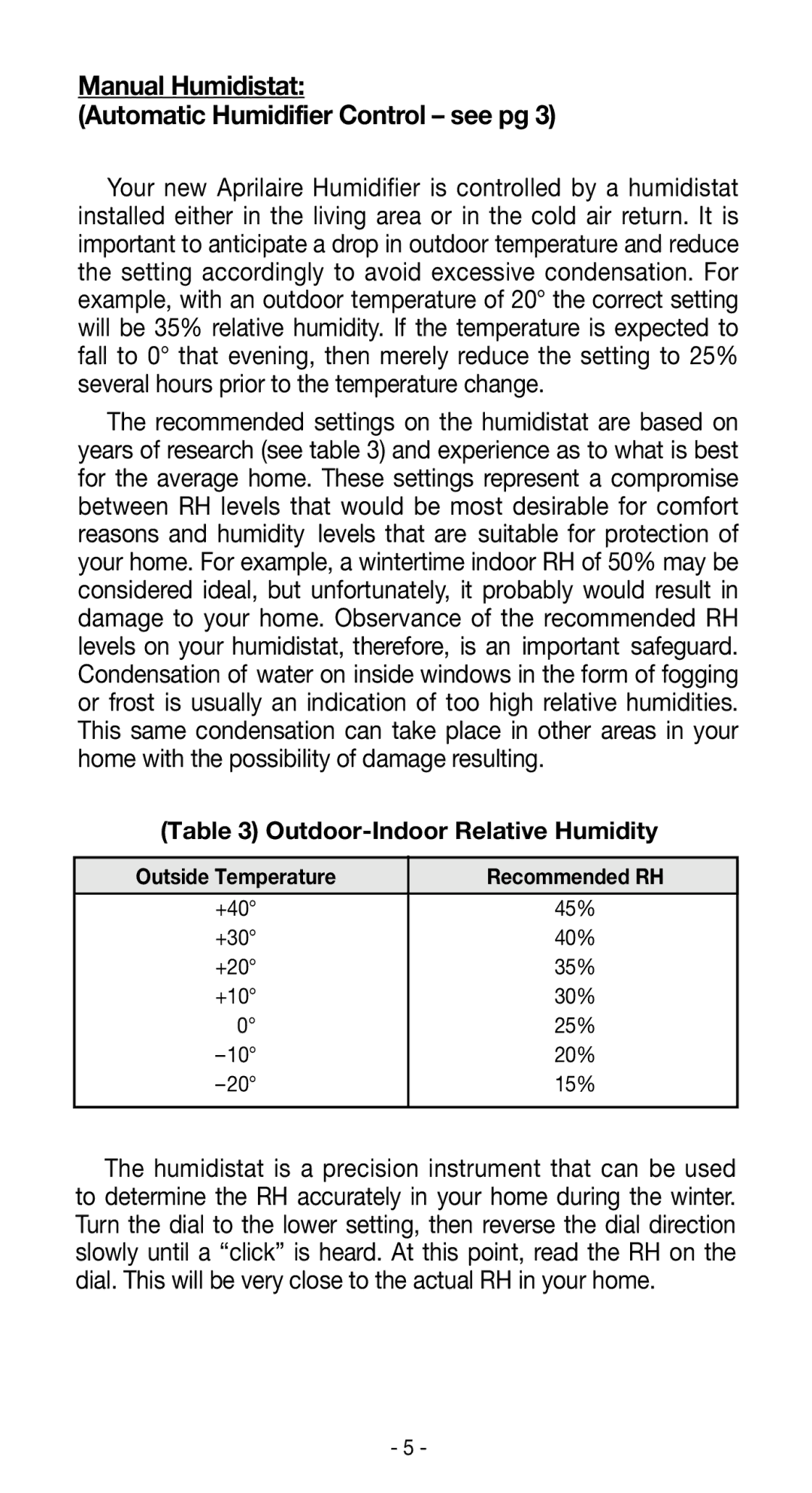 Aprilaire 112, 350, 360, 760, 445, 440 Manual Humidistat Automatic Humidifier Control see pg, Outdoor-Indoor Relative Humidity 