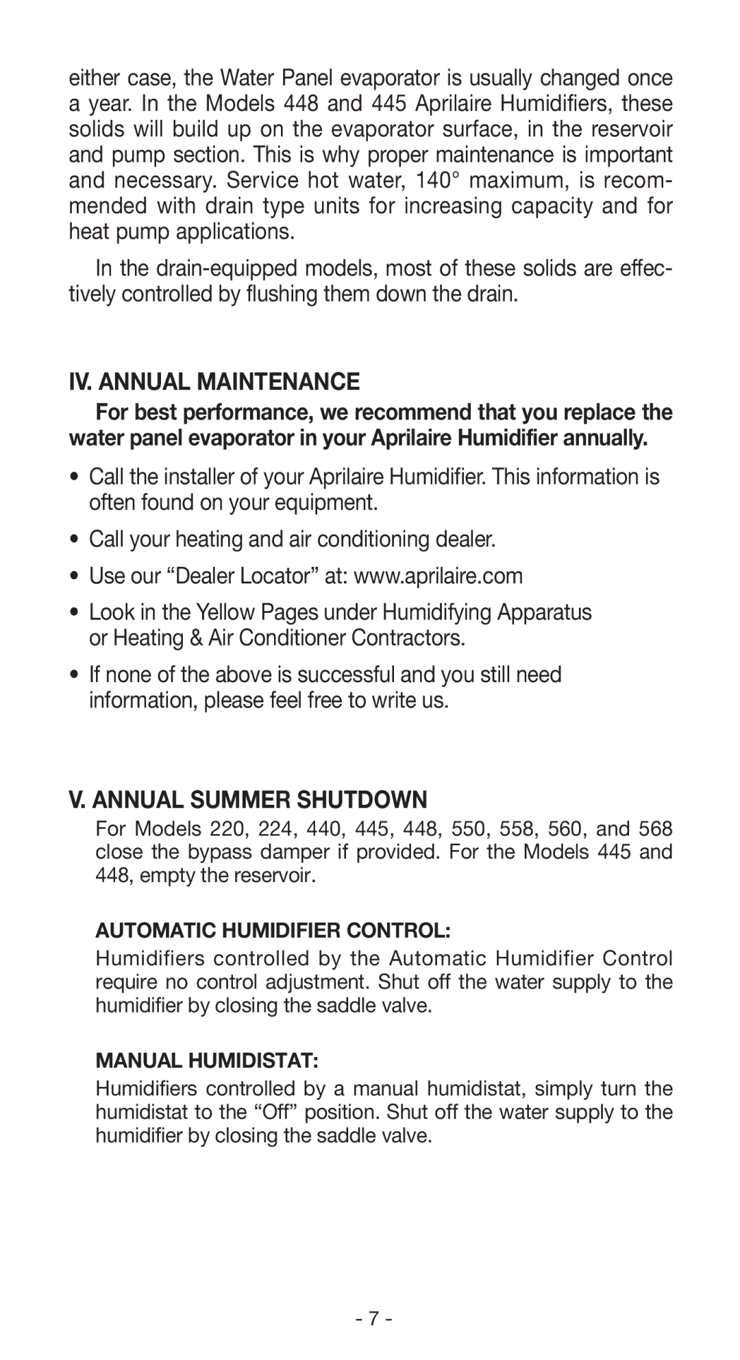 Aprilaire 224, 350, 360, 760, 445, 440, 560, 220, 112, 768 owner manual IV. Annual Maintenance, Annual Summer Shutdown 