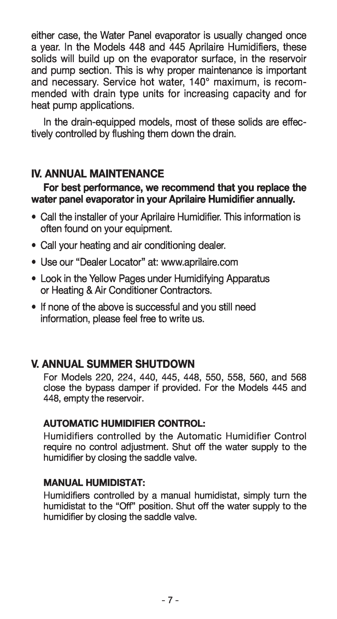 Aprilaire 224, 350, 360, 760, 445, 440, 560, 220, 112, 768 owner manual Iv. Annual Maintenance, V. Annual Summer Shutdown 