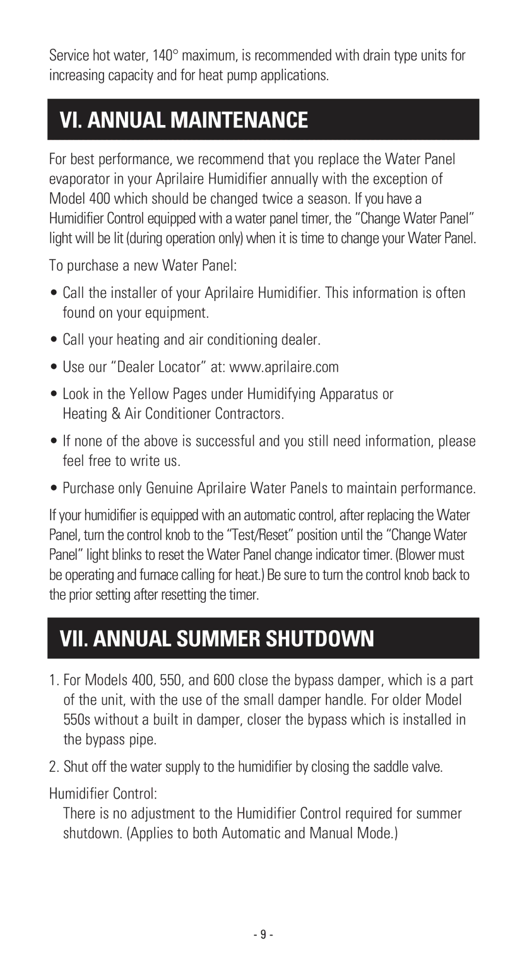 Aprilaire 400 owner manual VI. Annual Maintenance, VII. Annual Summer Shutdown, Humidifier Control 