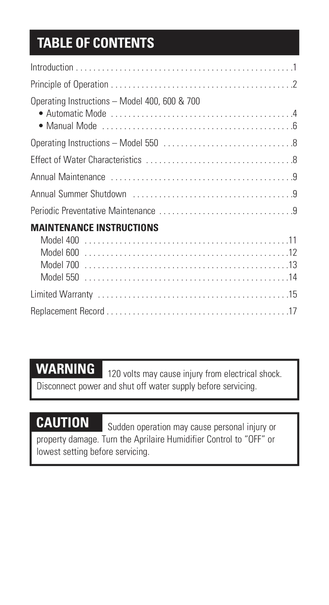 Aprilaire 400 owner manual Table of Contents 