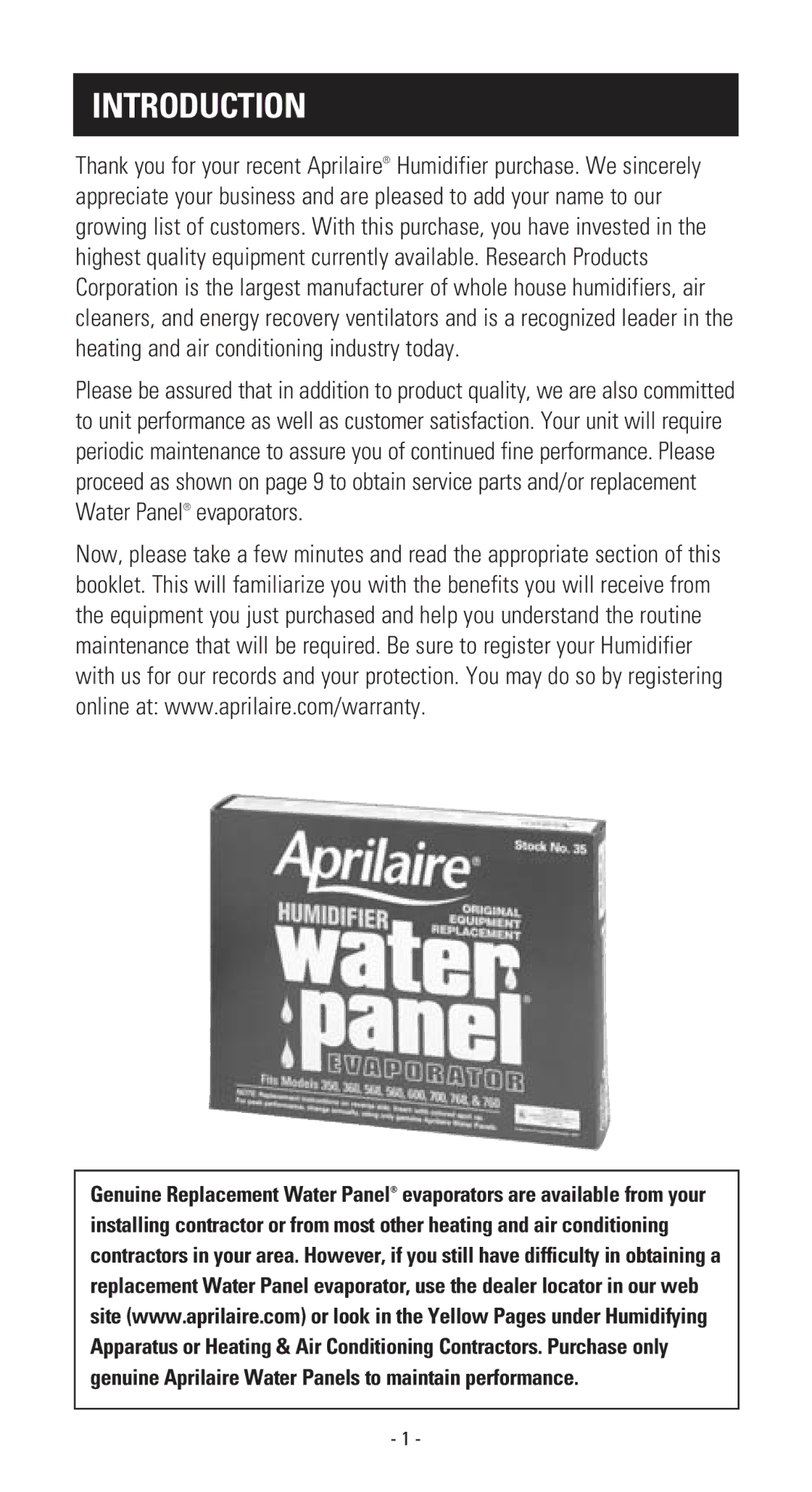 Aprilaire 400 owner manual Introduction 