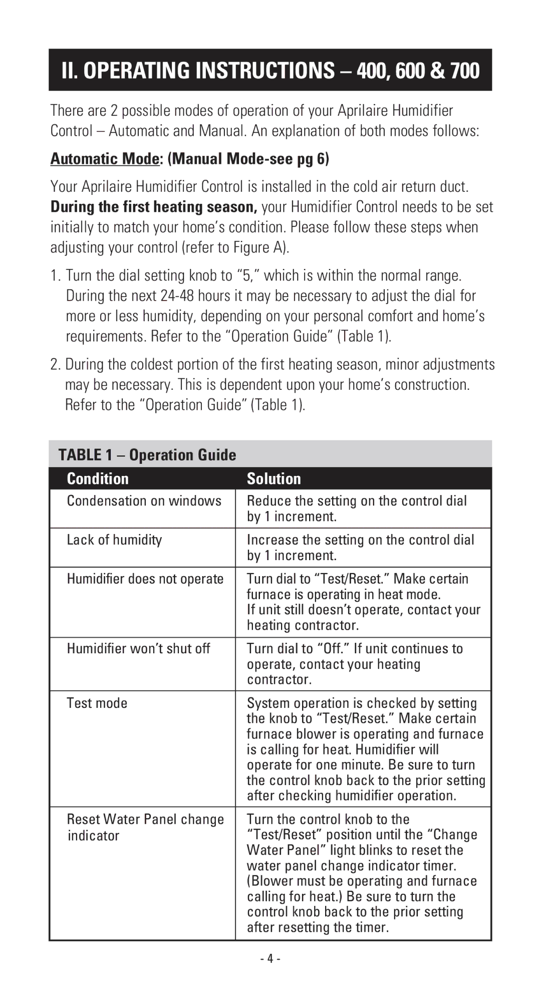 Aprilaire owner manual II. Operating Instructions 400, 600 