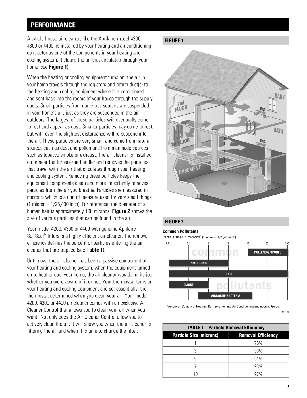 Aprilaire 4300 owner manual Performance, Particle Removal Efficiency 