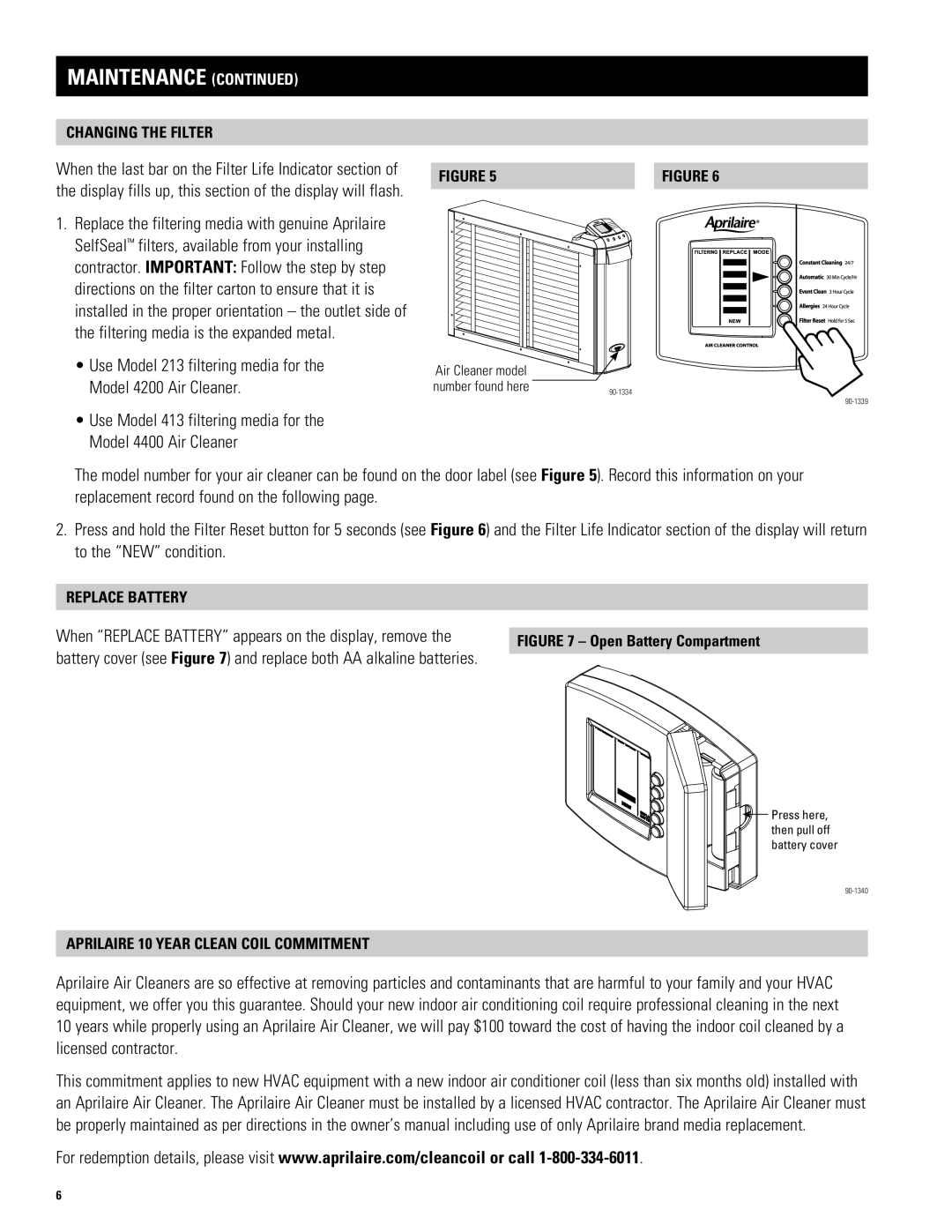 Aprilaire 4400, 4200 owner manual Changing the Filter, Replace Battery, Aprilaire 10 Year Clean Coil Commitment 