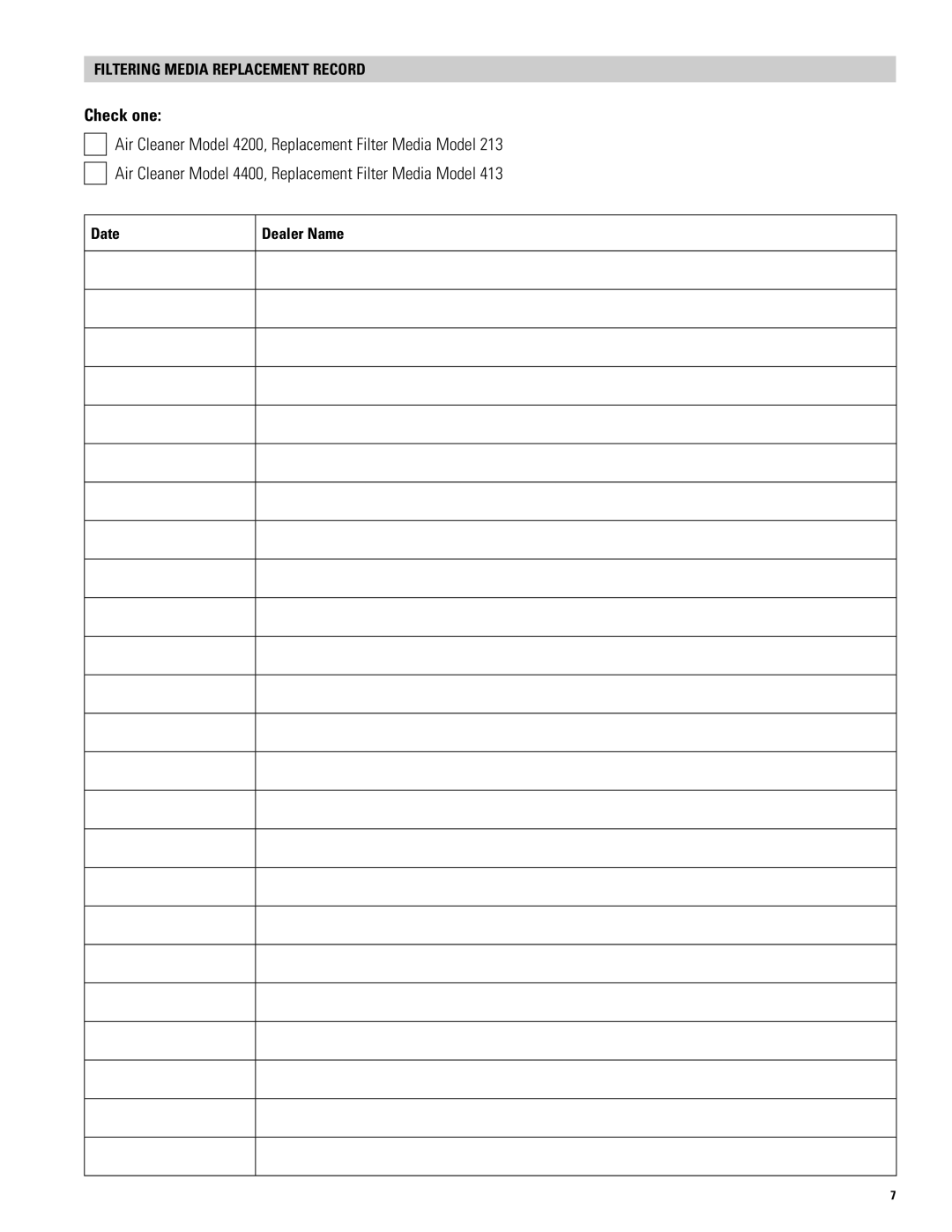 Aprilaire 4200, 4400 owner manual Check one, Filtering Media Replacement Record 