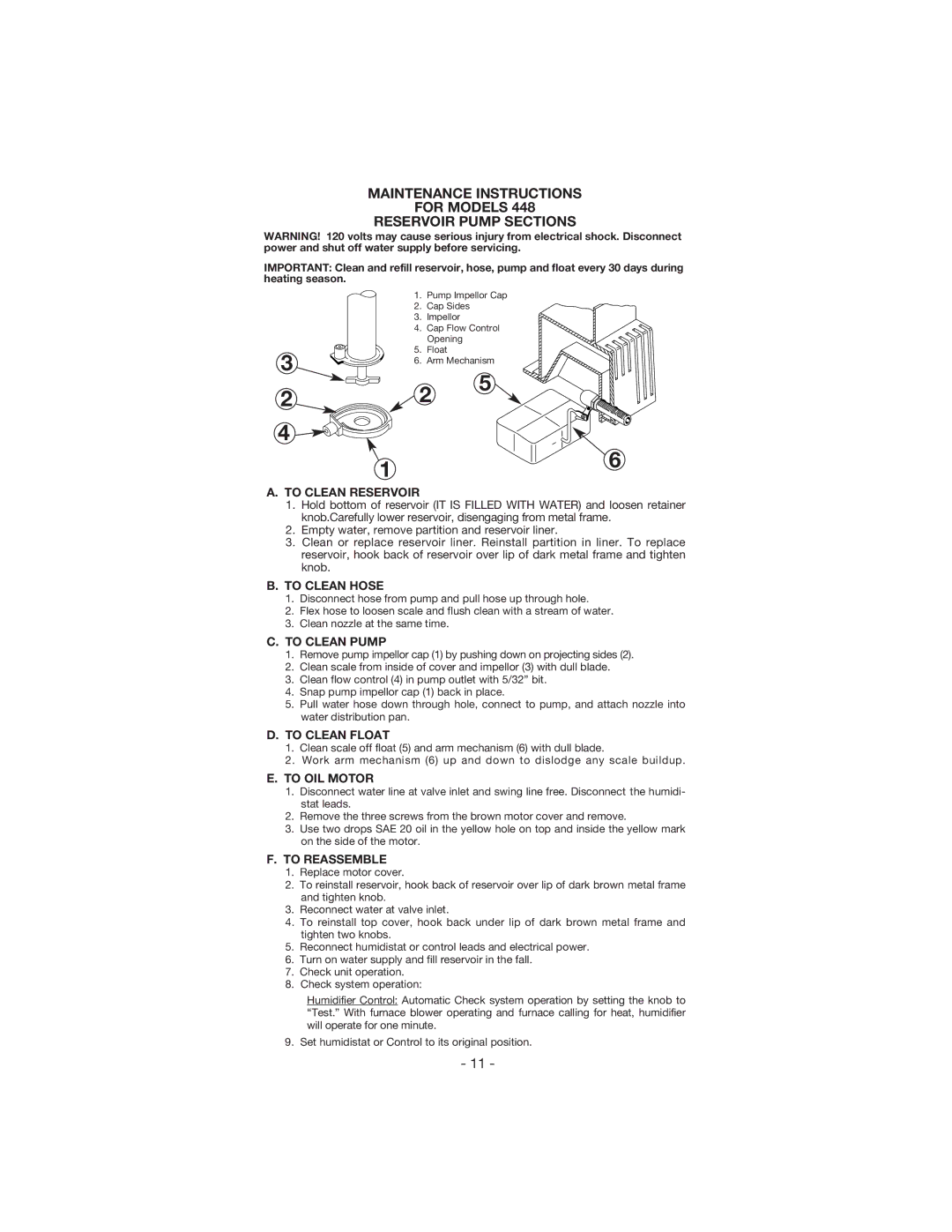 Aprilaire 448 owner manual Maintenance Instructions For Models Reservoir Pump Sections 