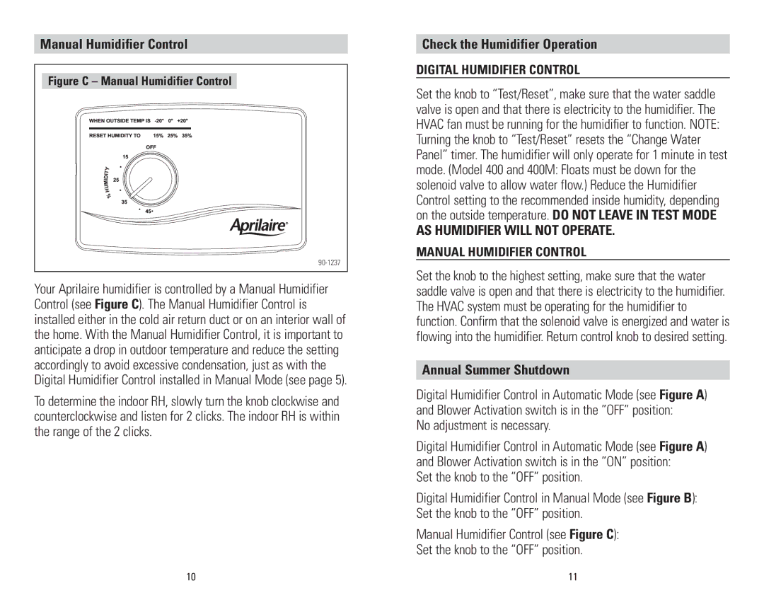 Aprilaire 4655, 60, 62 operation manual Manual Humidifier Control, Check the Humidifier Operation, Annual Summer Shutdown 