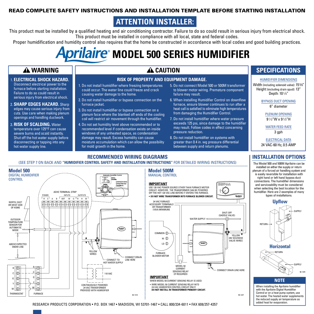 Aprilaire 50 specifications Depth 101 ⁄4, Diameter, ⁄2W x 9 1 ⁄2H, Gph, VAC-60 Hz, 0.5 AMP 