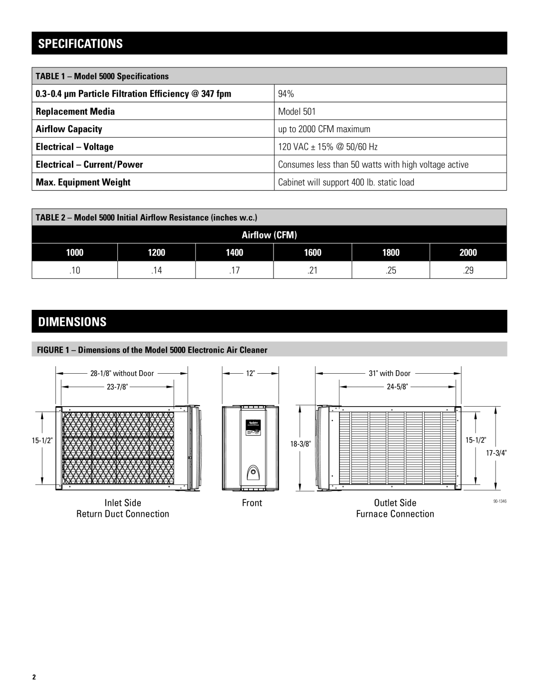 Aprilaire 5000 installation instructions Specifications, Dimensions 